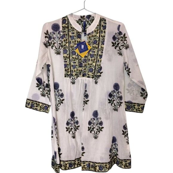 Miniature Auroville Womens Dress Sz L 100% Cotton Bib 3/4 Sleeve Botanical Kurta - Picture 1 of 11